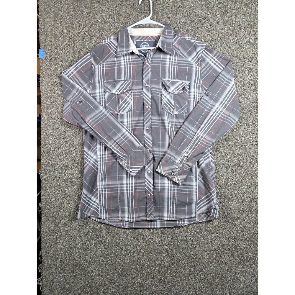BKE Pearl Snap Shirt Mens XL Grey Plaid Western Long Sleeve Cotton Blend Casual